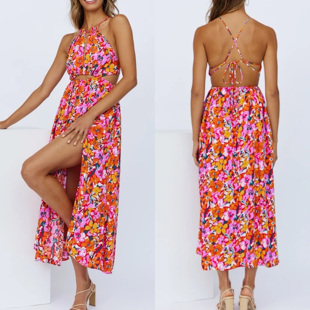 Hello Molly fly away today midi dress pink orange floral strappy open back 4